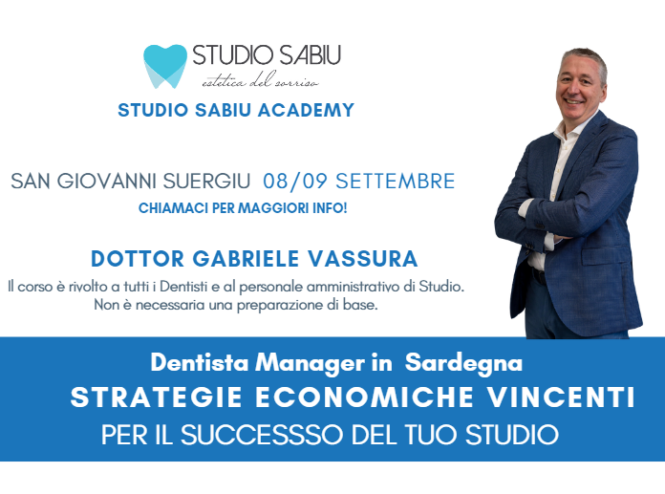 Il corso per apprendere tutte le strategie economiche vincenti per uno studio odontoiatrico! Il dott. Vassura, esperto della materia ci spiegherà come ottimizzare le risorse dello studio odontoiatrico in un'ottica di successo aziendale. Il corso sarà a San Giovanni Suergiu in Sardegna a Settembre 2023.